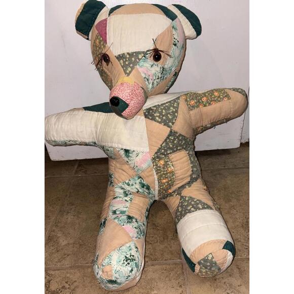 Other - Handmade Hand Sewn Multi-Colored Quilted Patchwork Stuffed 24” Teddy Bear Vtg